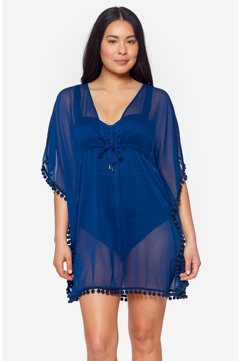 Gypset Pompom Sheer Cover-Up Caftan, Alternate, color, NAVY