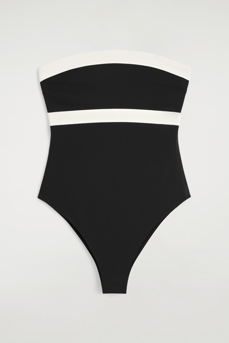 Colour-block Scuba Knit Bandeau Swimsuit, Alternate, color, BLACK / CREAM