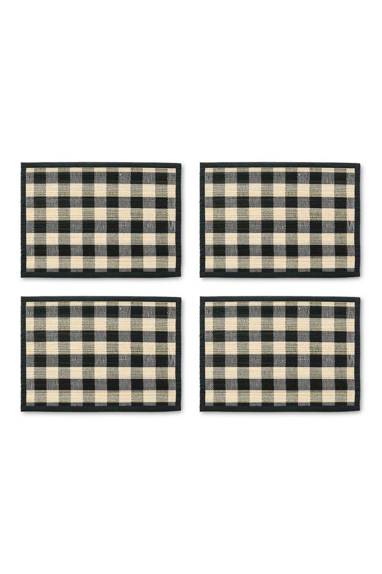 Black Woven Check Set of 4 Straw Placemats, Main, color, BLACK