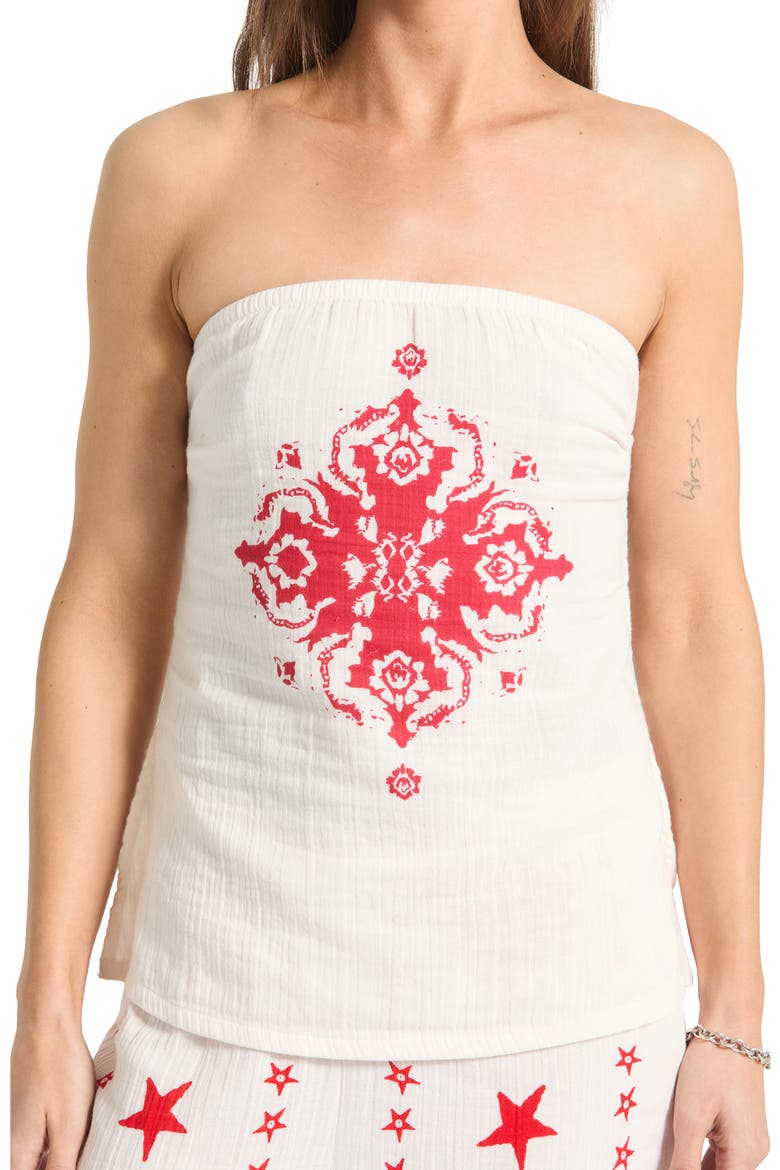 The Lola Medallion Print Strapless Cotton Top, Main, color, OFF WHITE/ ROBUST RED