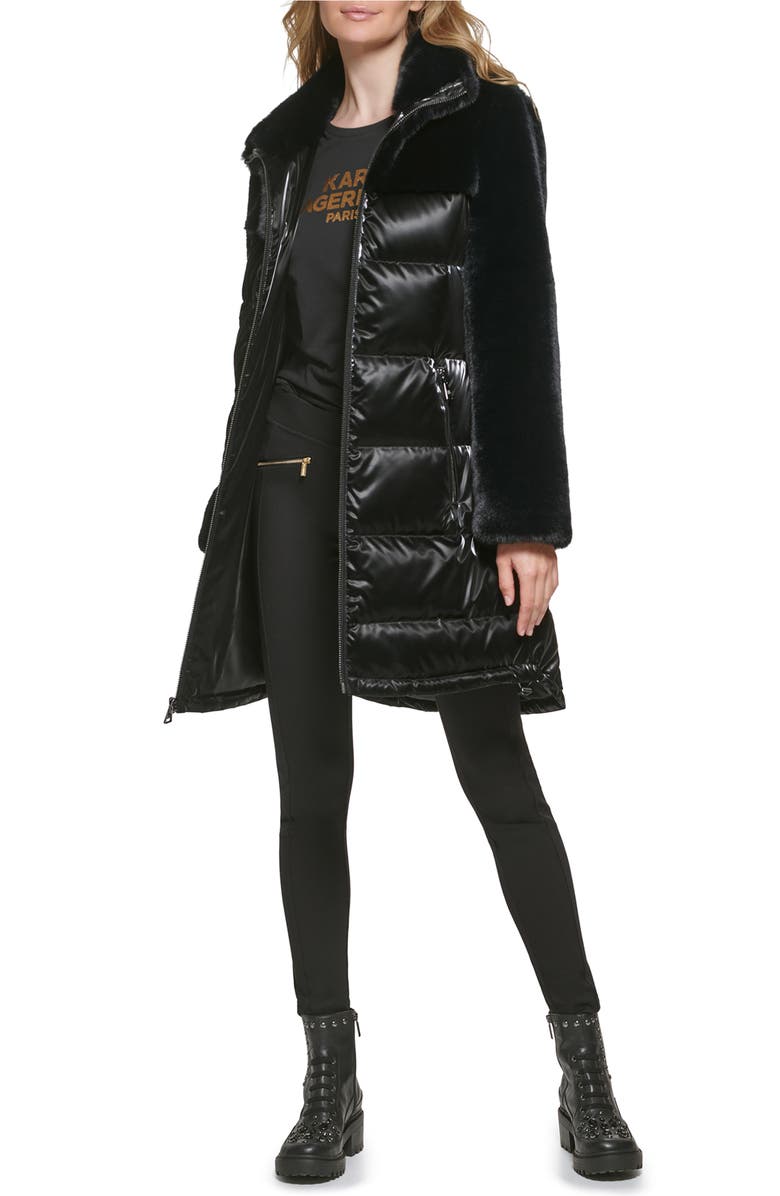 KARL LAGERFELD PARIS Lacquer Water Resistant Faux Fur Trim Puffer Jacket, Alternate, color, Black