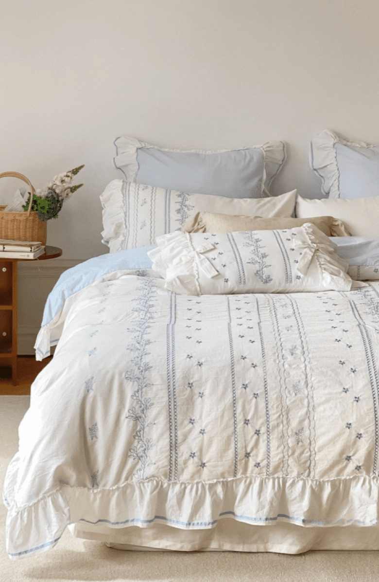 Ever Lasting Embroidered French Lace Ruffle Duvet Cover, Alternate, color, Blue
