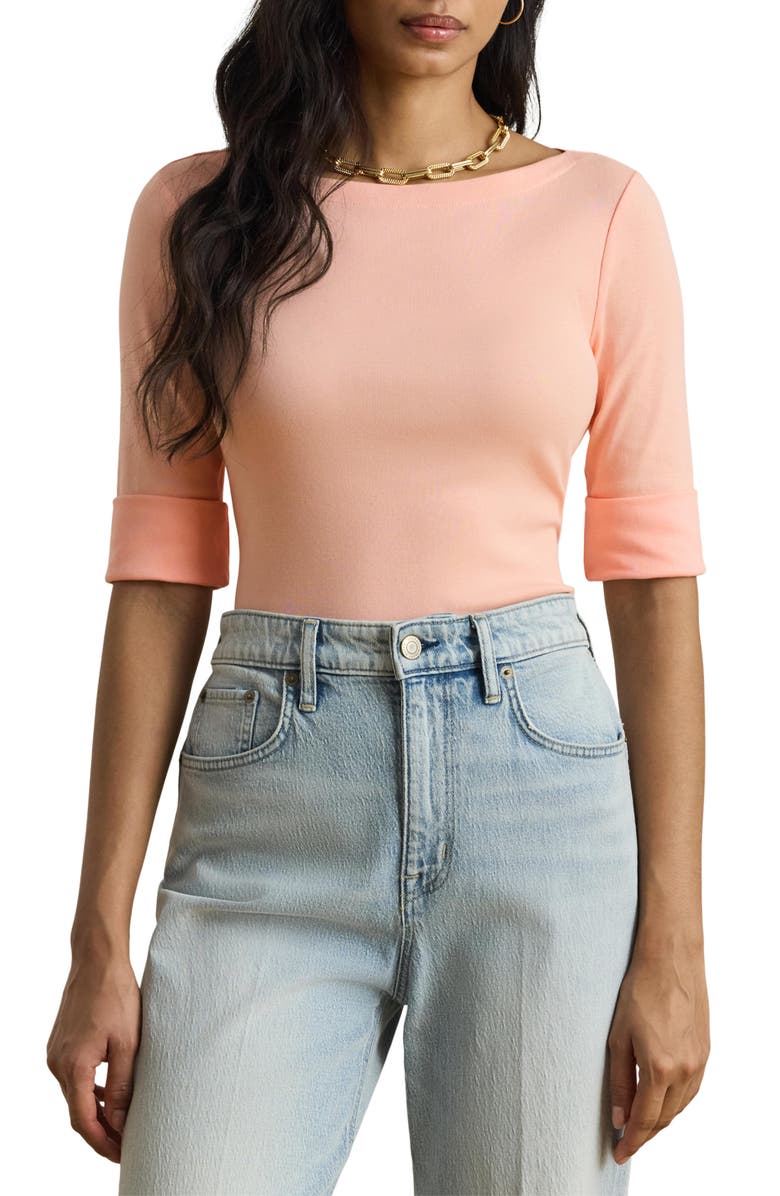 Lauren Ralph Lauren Judy Elbow Sleeve Boat Neck Stretch Cotton Top, Main, color, Light Portside Coral