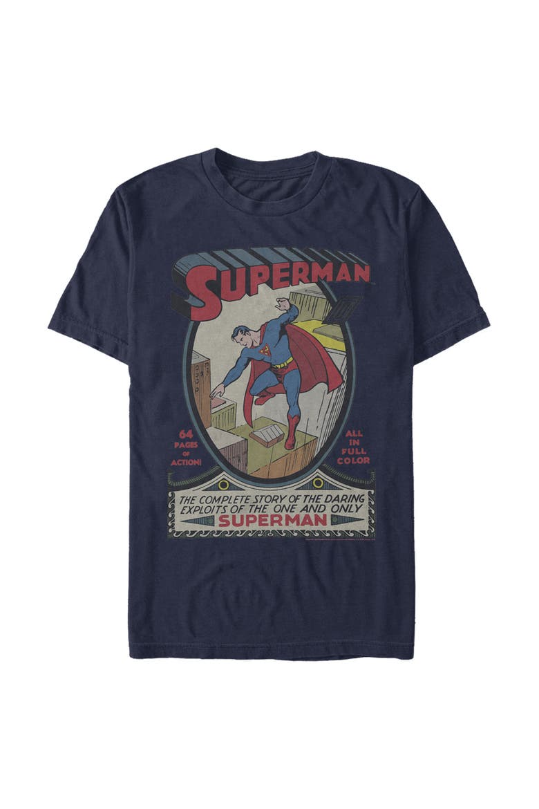 Men's Superman Vintage Daring Exploits Cover Graphic Tee, Main, color, Navy Blue