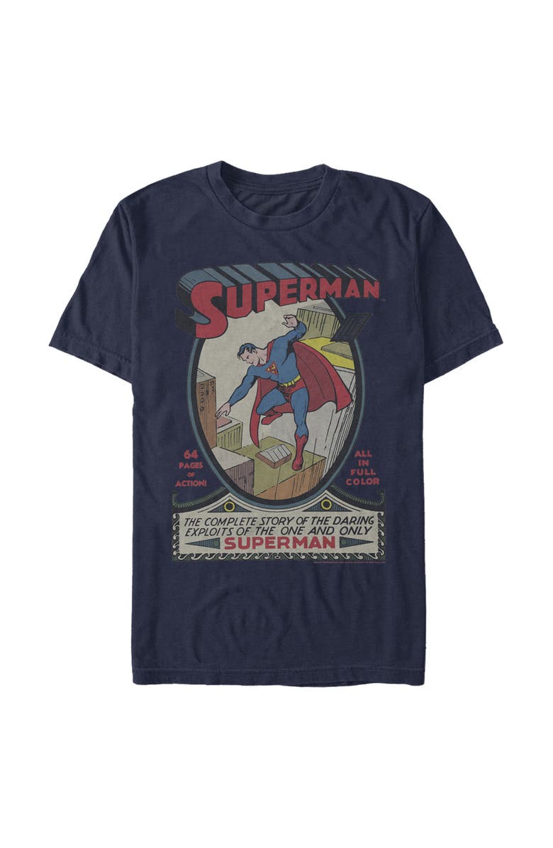 SUPERMAN Men's Superman Vintage Daring Exploits Cover Graphic T-Shirt, Main, color, Navy Blue