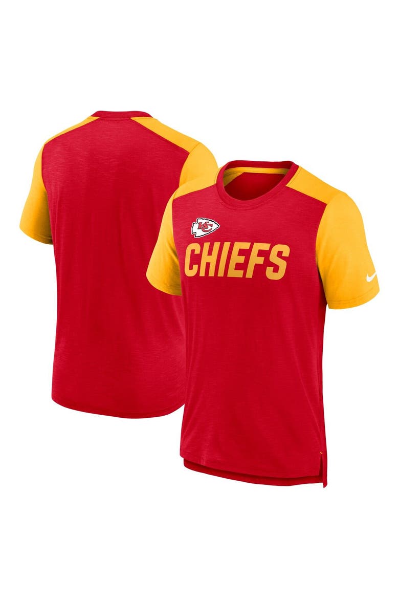 Men's Nike Heathered Red/Heathered Gold Kansas City Chiefs Color Block Team Name T-Shirt, Main, color, Heather Red