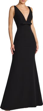Mac Duggal Petite Crepe Sleeveless V Neck Sheath Gown With Bow