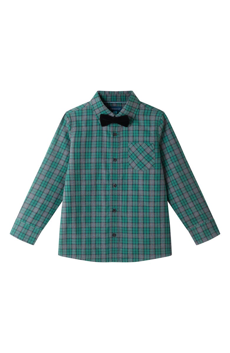 Andy & Evan Kids' Two-Piece Plaid Cotton Flannel Button-Up Shirt & Bow Tie Set, Main, color, Green Plaid