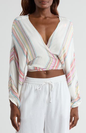 Elan Stripe Long Sleeve Tie Front Cover-up Top In White Multi Stripe