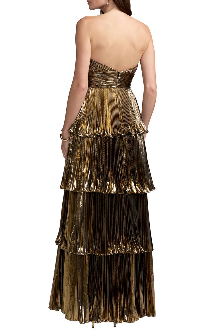 Strapless Pleated Metallic Layered High Low Gown, Alternate, color, Antique Gold