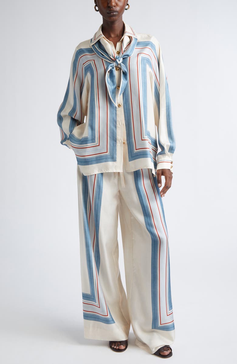 Zimmermann Relaxed Stripe Silk Button-Up Shirt with Removable Scarf, Alternate, color, Ticking Stripe