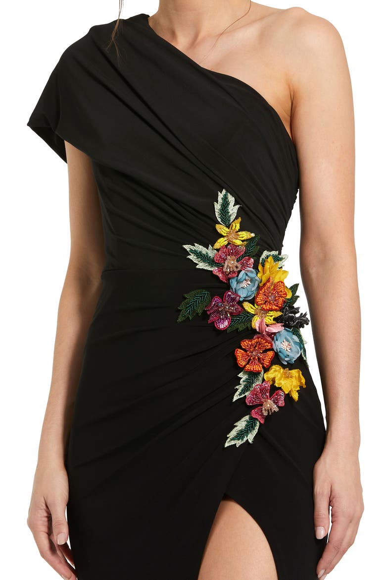One Shoulder Jersey Gown with Beaded Floral Appliqué, Alternate, color, Black