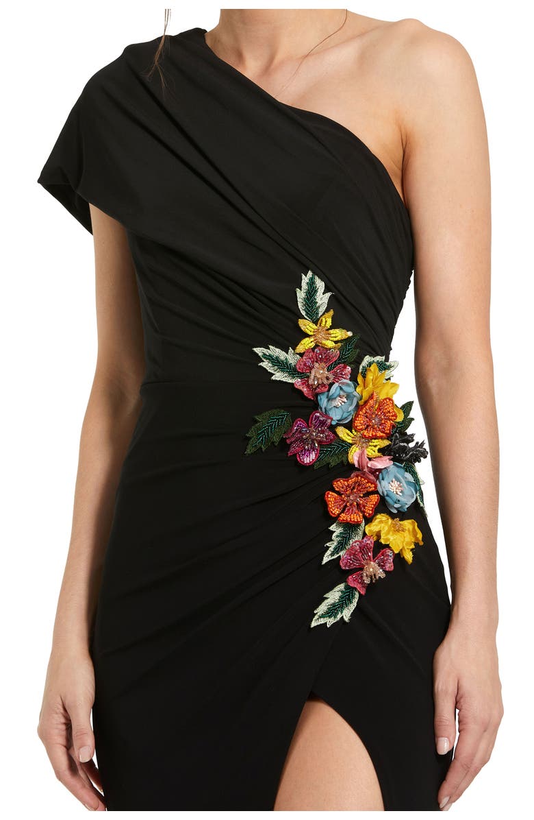 Mac Duggal One Shoulder Jersey Gown with Beaded Floral Appliqué, Alternate, color, Black
