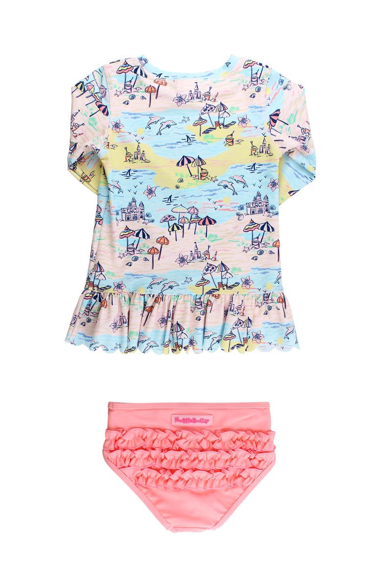 RuffleButts Girls UPF50+ Sun Protected Scallop Hem Long Sleeve Rash Guard Bikini, Alternate, color, Beach Day