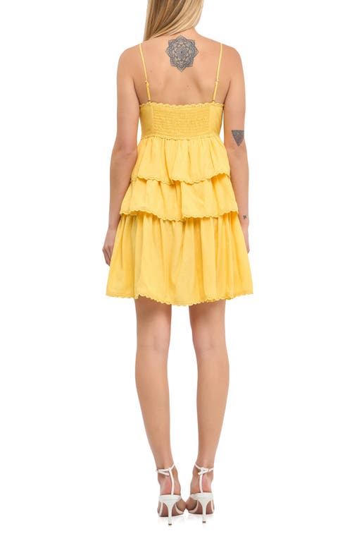 Free The Roses Lace Trim Tiered Minidress In Yellow