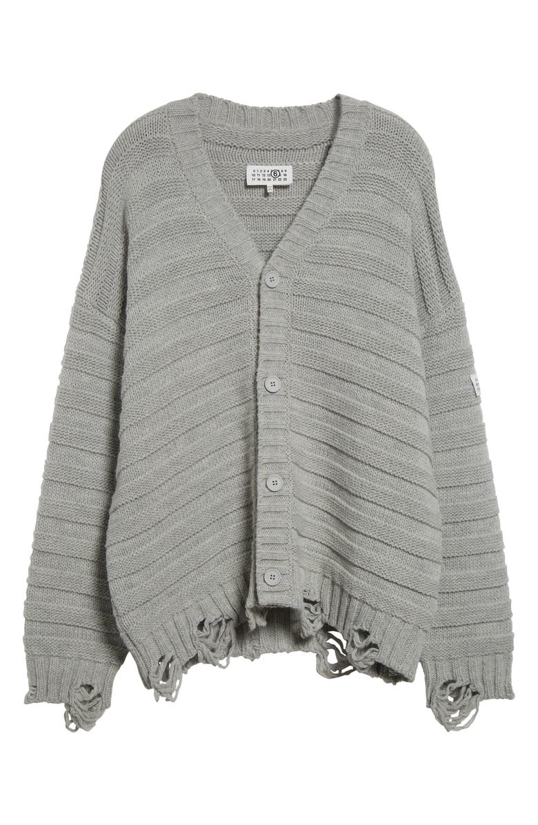 MM6 Maison Margiela Distressed Virgin Wool Blend V-Neck Cardigan, Alternate, color, Light Grey Melange