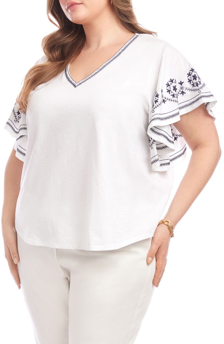 Karen Kane Embroidered Flutter Sleeve Organic Cotton Top, Alternate, color, Off White