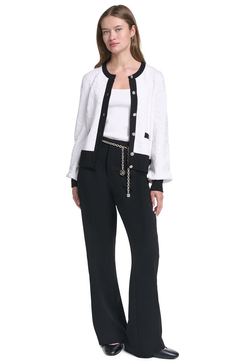 Jacquard Pattern Crewneck Cardigan, Alternate, color, SOFT WHITE/ BLACK