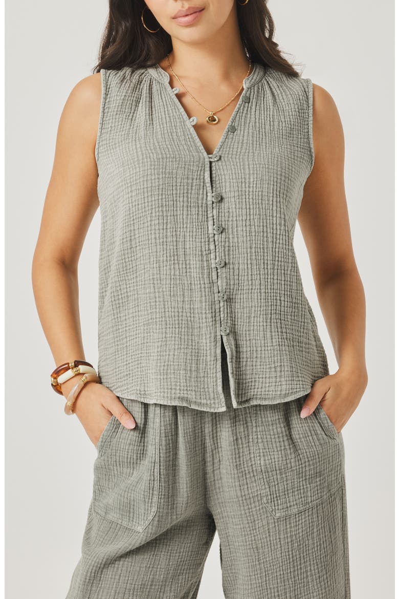 Ava Cotton Gauze Button-Up Tank, Main, color, EUCALYPTUS GREEN