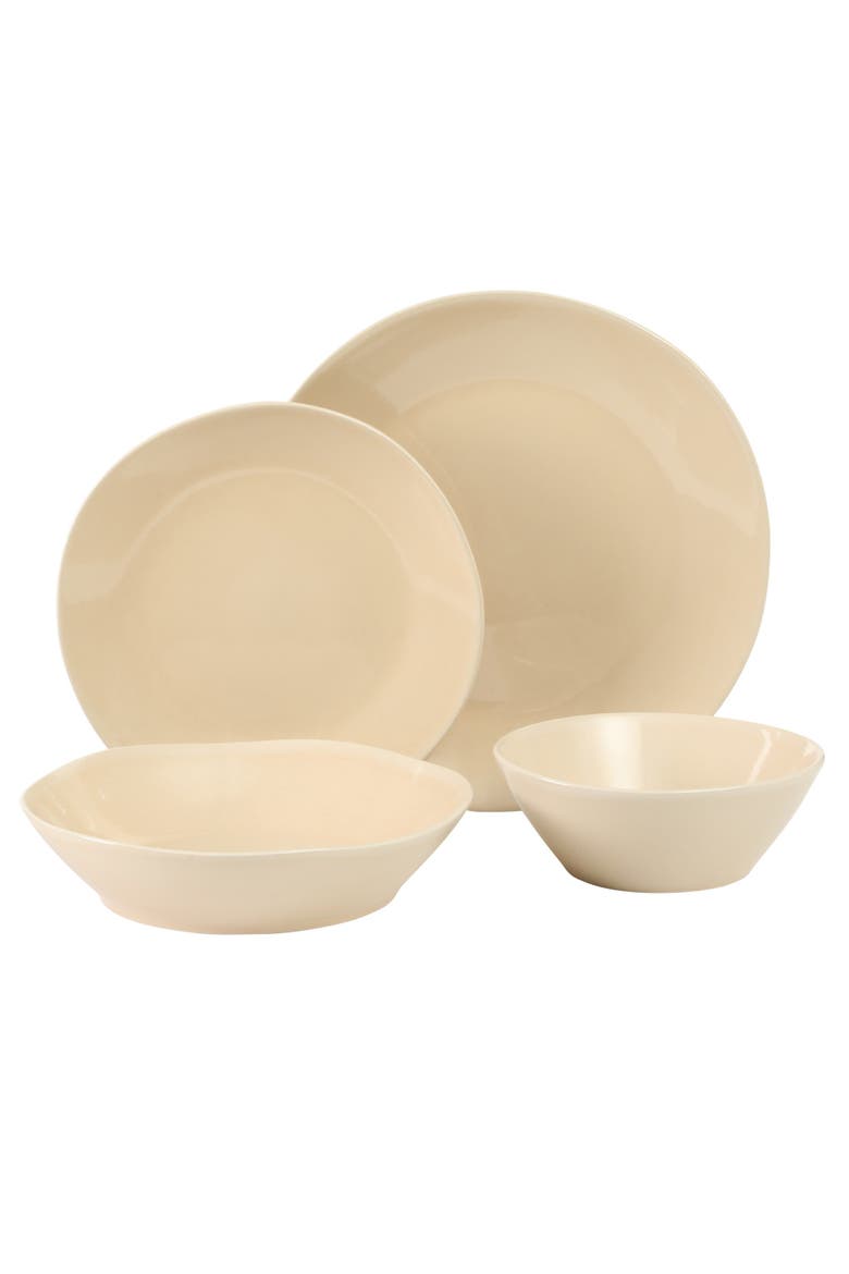 Montecito Breeze 16 Piece Double Plates and Bowls Stoneware Reactive Glaze Dinnerware Set, Alternate, color, Marble Dawn Cream