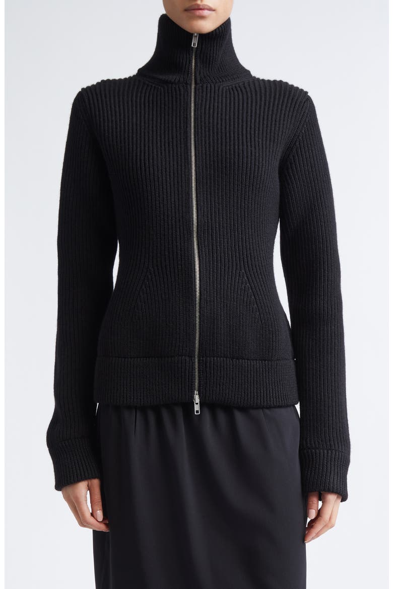 Full Zip Rib Virgin Wool Cardigan, Main, color, BLACK
