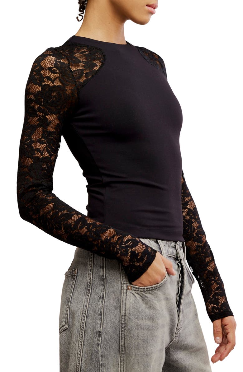 Free People No Excuses Lace Sleeve Top, Alternate, color, Black
