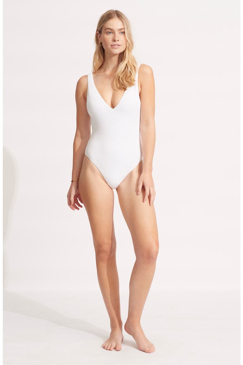 Sea Dive Deep V-Neck One-Piece Swimsuit, Alternate, color, WHITE