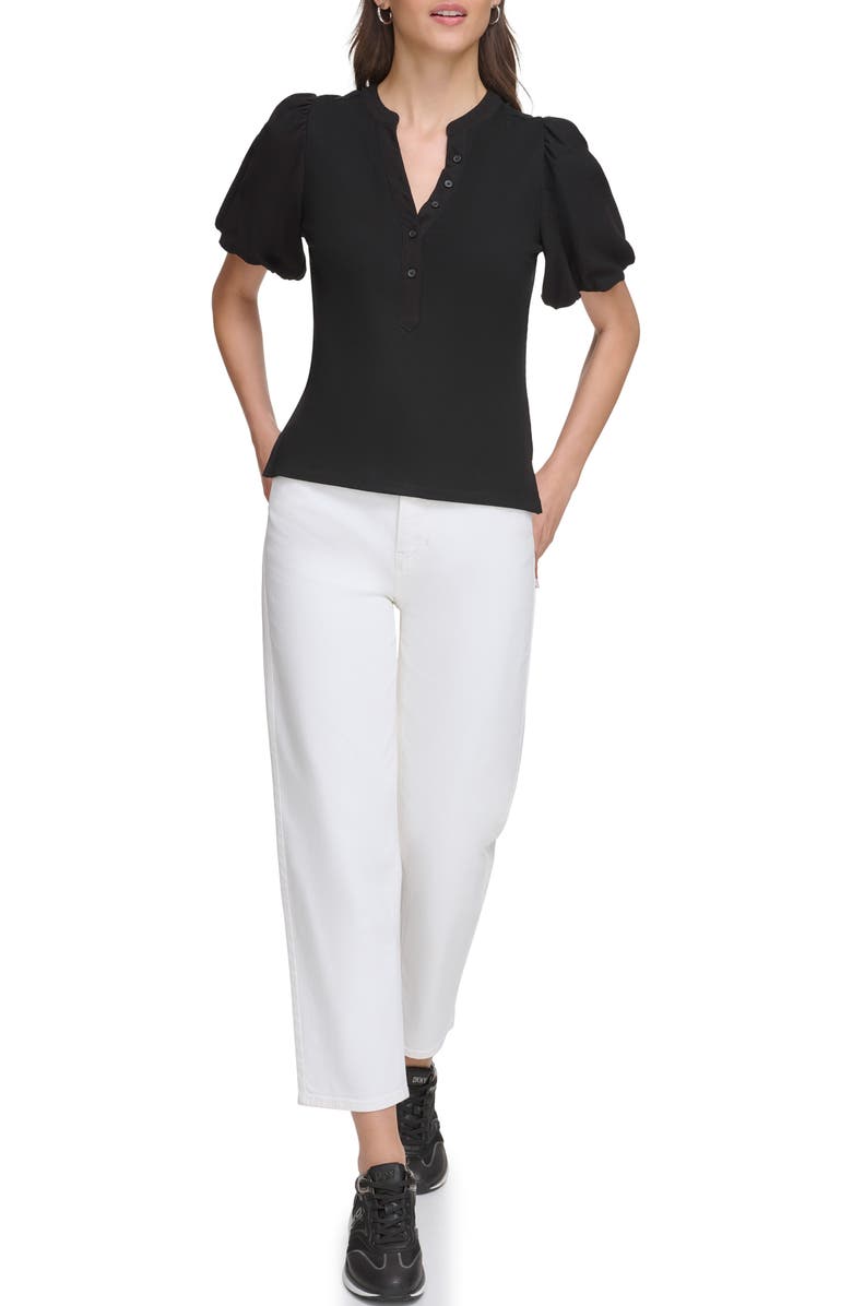 DKNY Rib Crinkle Sleeve Henley Top, Alternate, color,