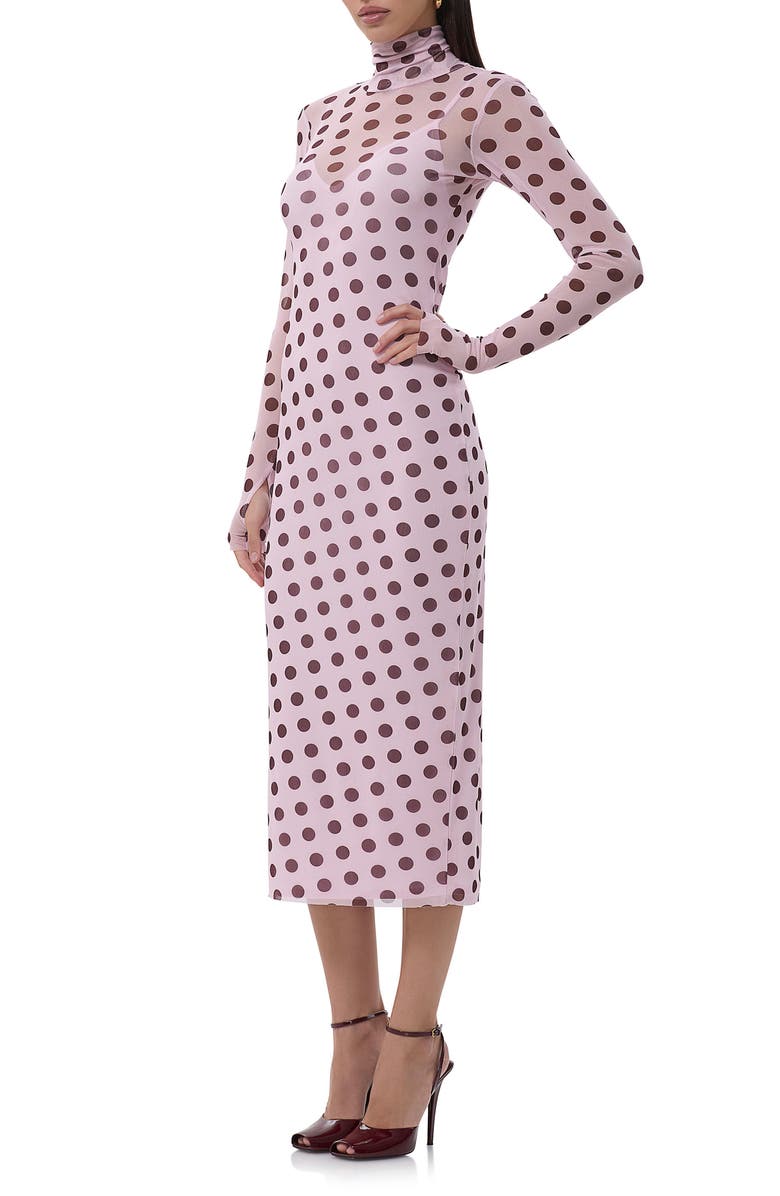 AFRM Shailene Turtleneck Long Sleeve Mesh Midi Dress, Alternate, color, Rose Dot