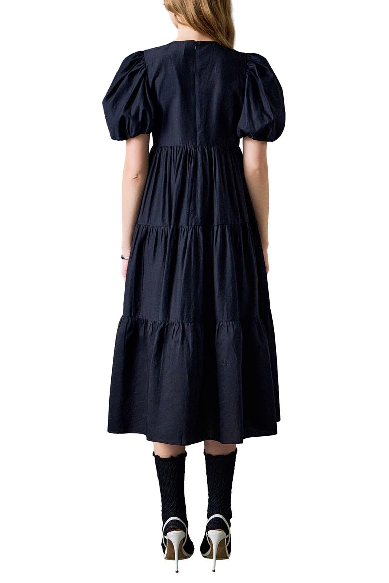 Sequin Bow Detail Tiered Organza Midi Dress, Alternate, color, BLACK