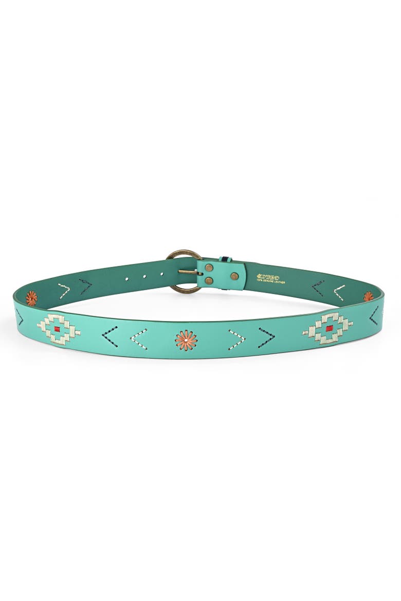 Boho Genuine Leather Perforated Handcrafted Detail Belt, Alternate, color, Aqua