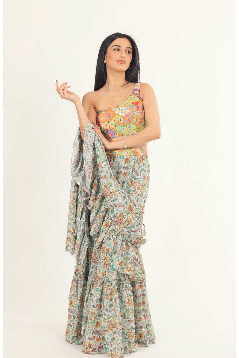 Yara Two-Piece Ruffle Saree Dress, Alternate, color, Green