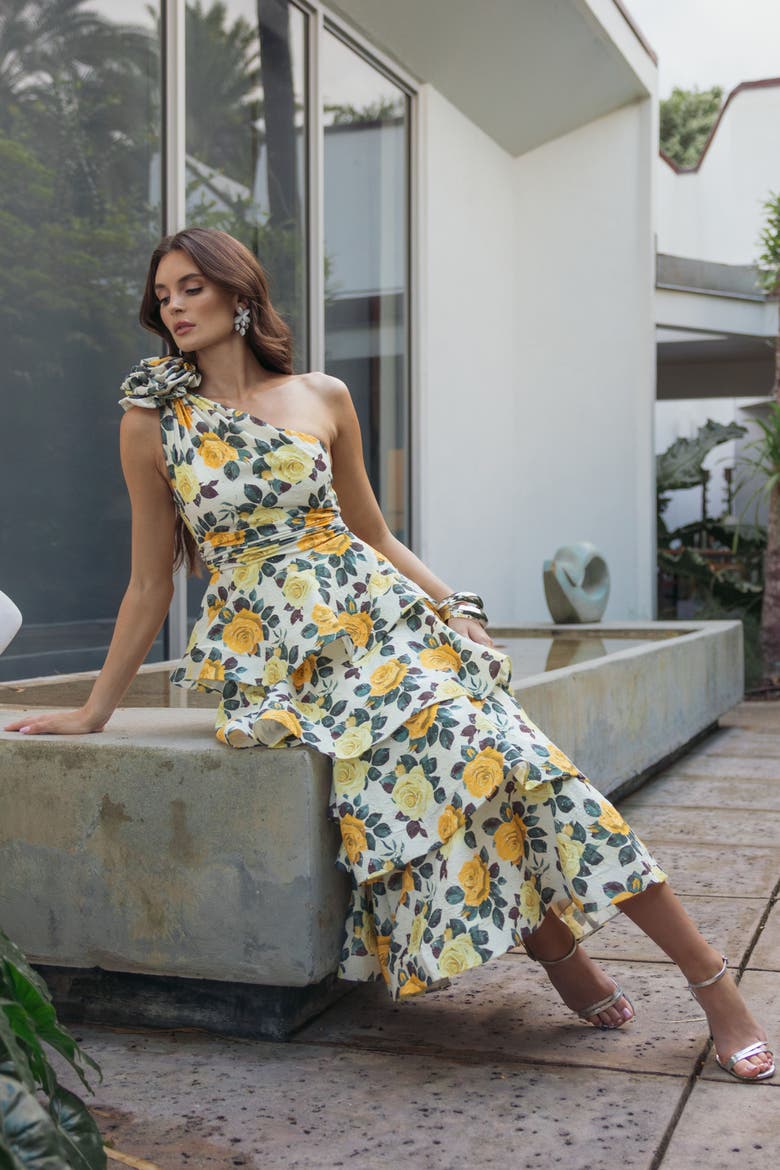 Floral One Shoulder Charmeuse Tiered Midi Dress, Alternate, color, Yellow rose