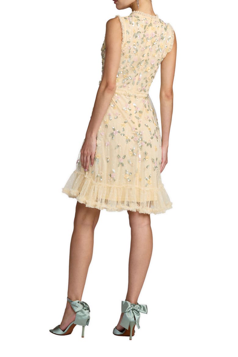 Sleeveless Floral Beaded Mock Neck Tulle Mini Dress, Alternate, color, Lemon
