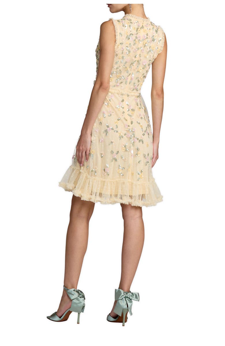 Mac Duggal Sleeveless Floral Beaded Mock Neck Tulle Mini Dress, Alternate, color, Lemon