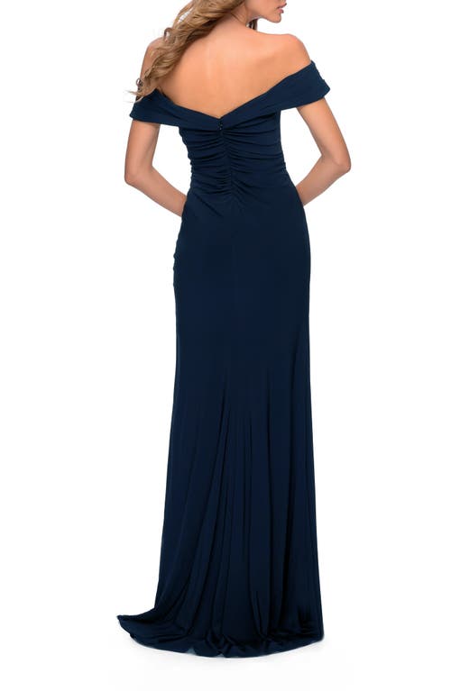 La Femme Off The Shoulder Fully Ruched Floor Length Gown In Navy