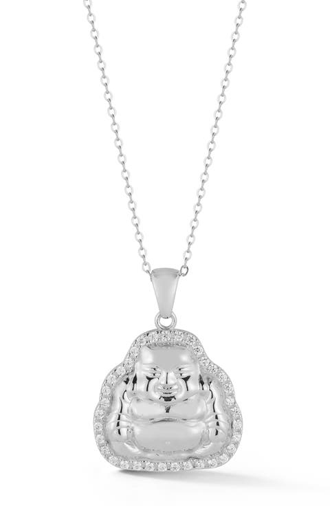 Rhodium Plate Sterling Silver & Cubic Zirconia Buddha Necklace