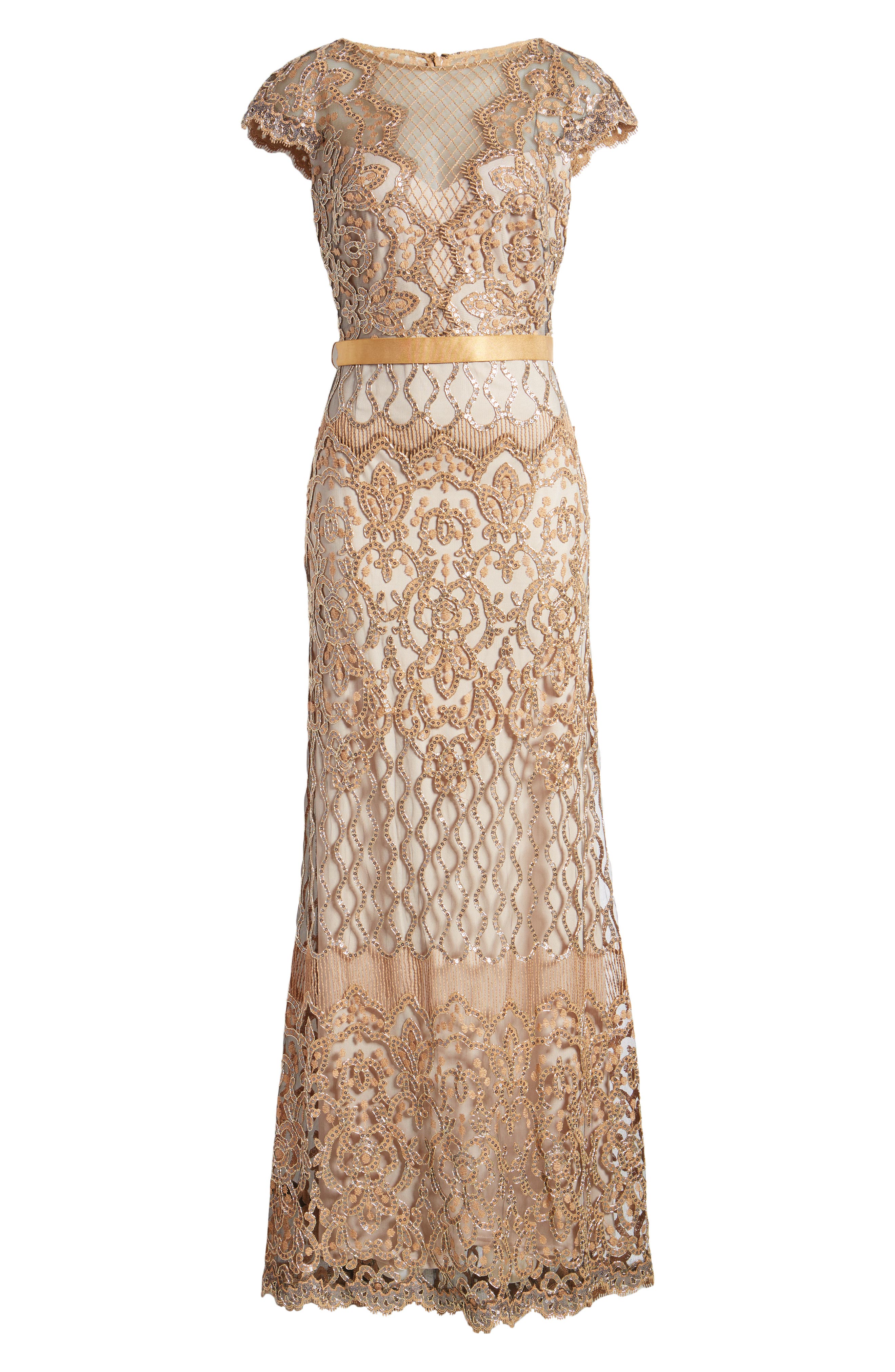 tadashi shoji sequin illusion lace dress Tadashi Shoji Women's Sequin Illusion Lace Gown - Metallic