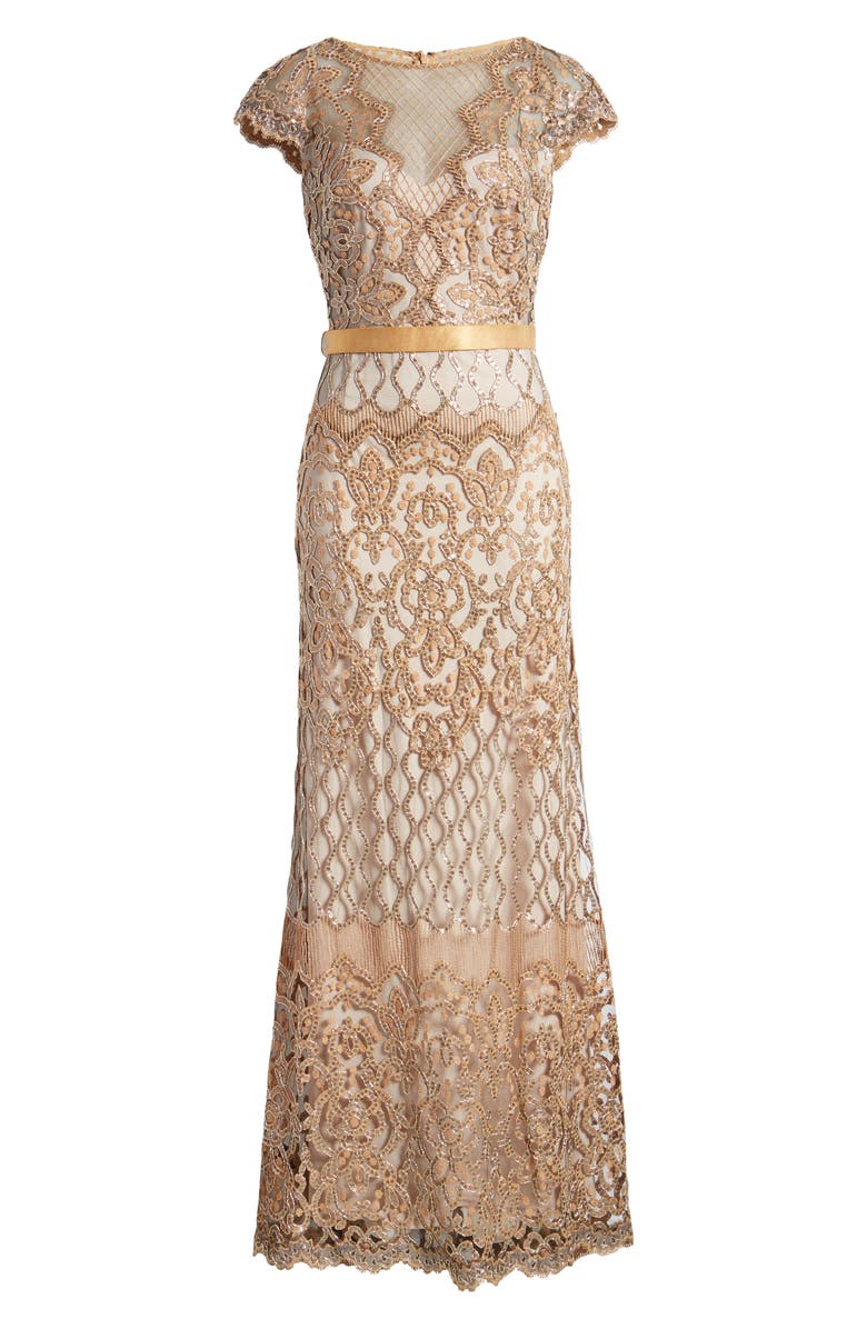 Tadashi Shoji Sequin Illusion Lace Gown, Alternate, color, 