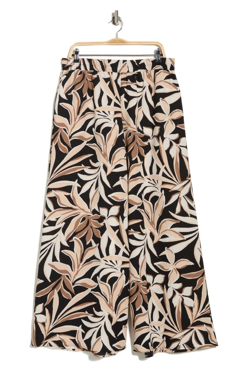 Leaf Print Wide Leg Pants, Alternate, color, BLACK