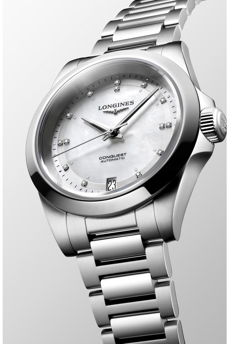 Conquest Automatic Bracelet Watch, 34mm, Alternate, color, SILVER