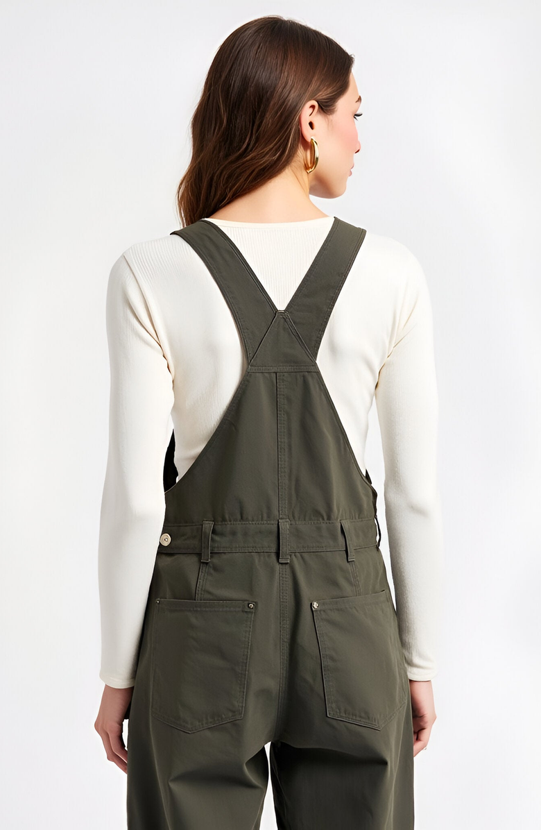 Modenaire Wide-Leg Adjustable-Strap Front Bib Pocket Overalls, Alternate, color, Olive Green