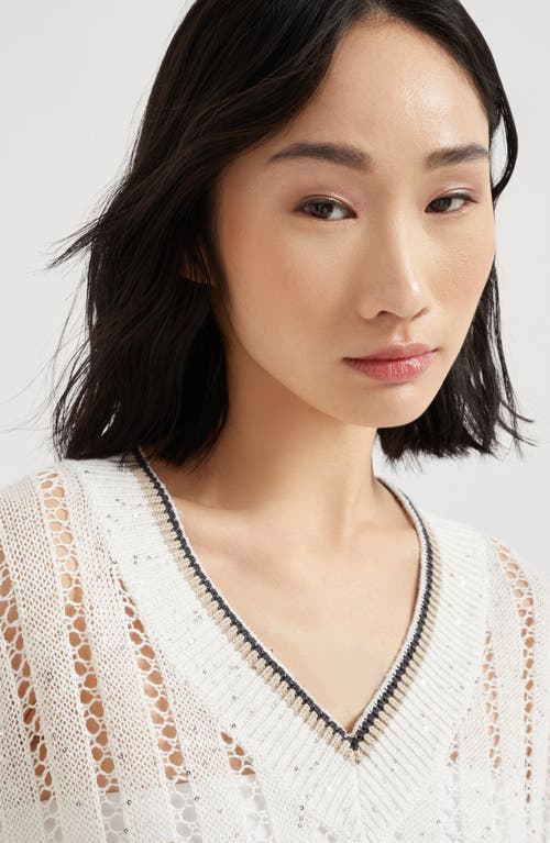 Brunello Cucinelli Perforated Linen Sweater With Sequins In White