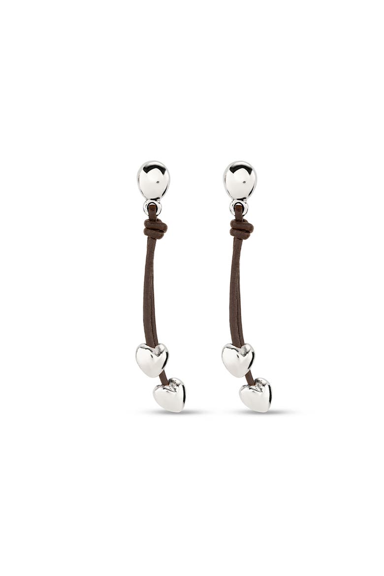 Leather Drop Earrings with Two Small Hearts, Main, color, Silver