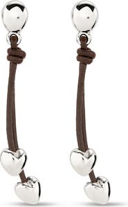 UNODE50 Leather Drop Earrings with Two Small Hearts