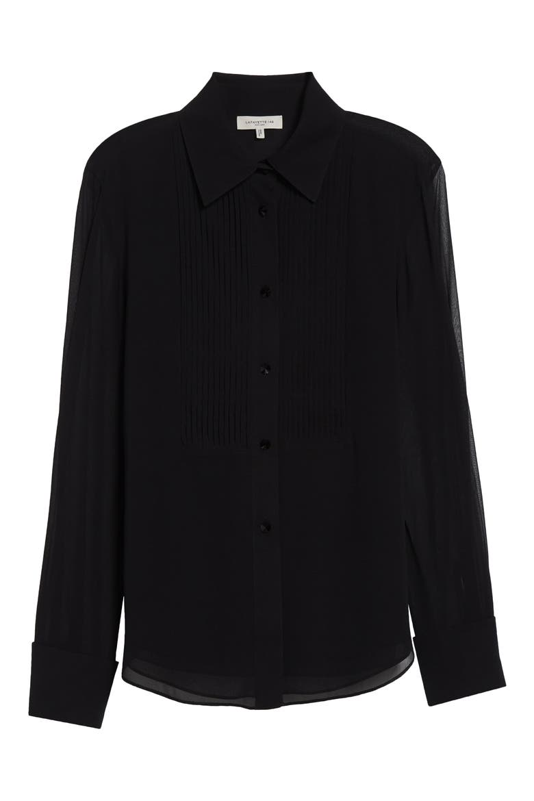 Pintuck Bib Silk Georgette Button-Up Shirt, Main, color, BLACK