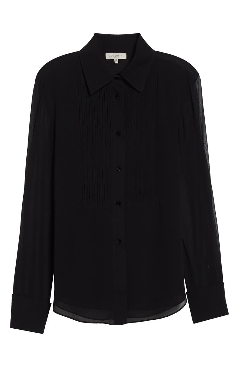 Lafayette 148 New York Pintuck Bib Silk Georgette Button-Up Shirt, Main, color, Black