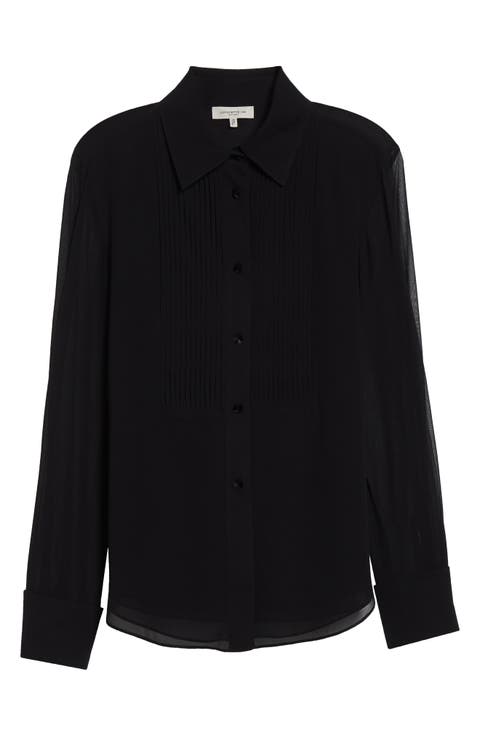 Pintuck Bib Silk Georgette Button-Up Shirt