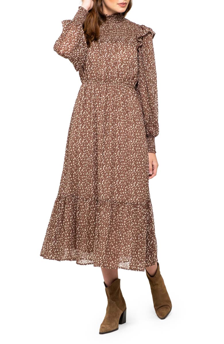 AUGUST SKY Ditsy Long Sleeve A-Line Midi Dress, Main, color, 