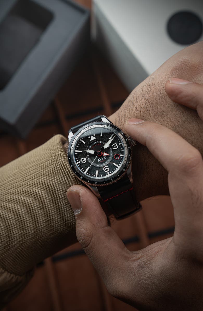 AVI-8 Flyboy Airmaster GMT Leather Strap Watch, 40mm, Alternate, color, Black